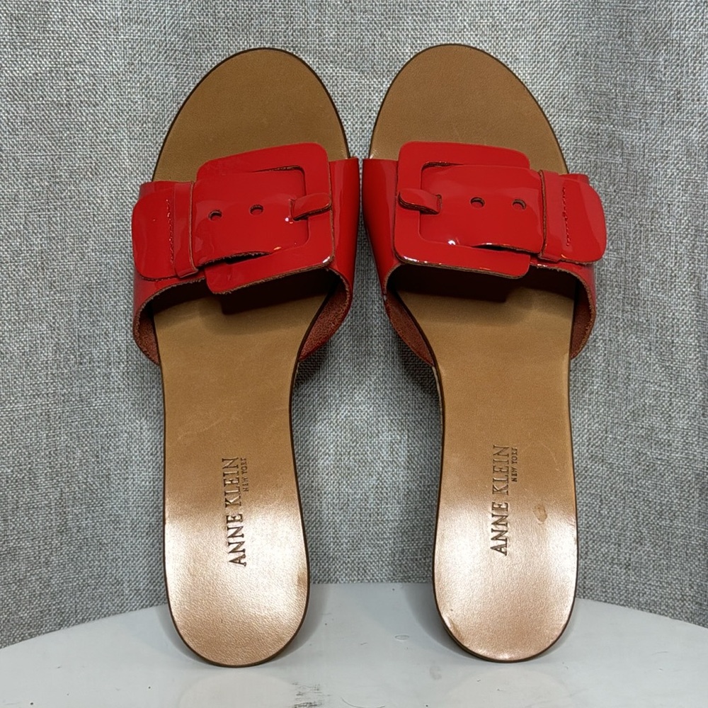 ANNE KLEIN LEXA RED PATENT CORK PLATFORM WEDGE SANDALS BUCKLE SLIDE **NWT** - Picture 9 of 14